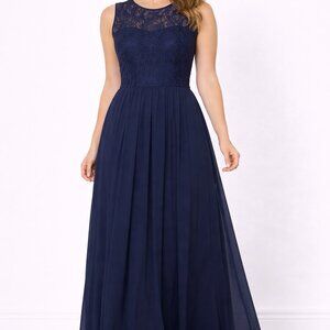 Elegant Navy Blue Lace Bodice Sleeveless Maxi Dress Size Medium